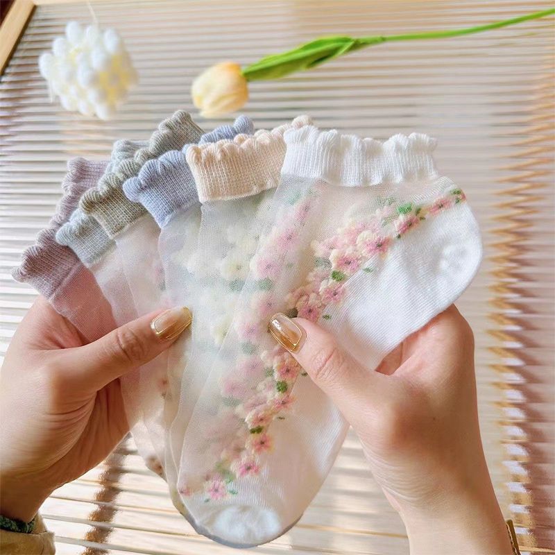 Floral Glass Silk Women's Summer Short Socks Japanese Style Cute Fresh Style Ins Short Socks Cotton Bottom Sweat Absorbing Breathable Socks