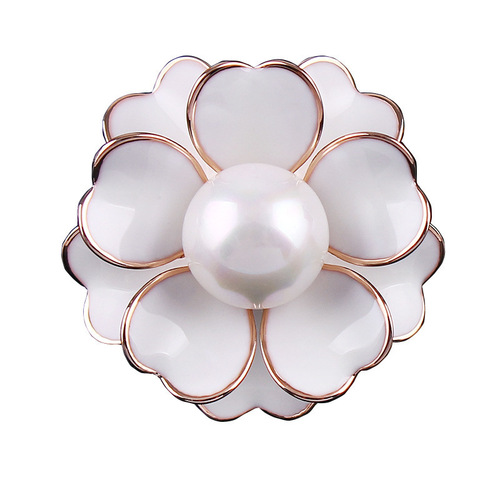 Korean Camellia Pearl Drop Oil Flower Brooch Flower Bold Cardigan Button Pin for Women Western Dress Accessories Shawl Pin