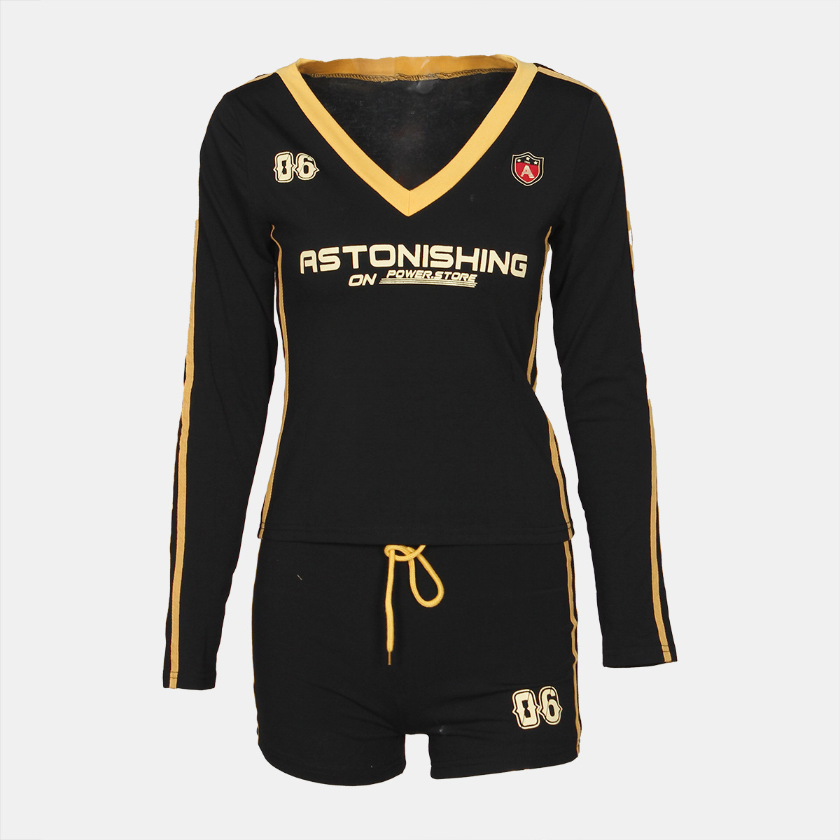 Fall Retro Contrast Color V neck Slim Fit Sexy Long Sleeve Top Drawstring Shorts Two Piece Sets 11 Fall Retro Contrast Color V neck Slim Fit Sexy Long Sleeve Top Drawstring Shorts Two Piece Sets