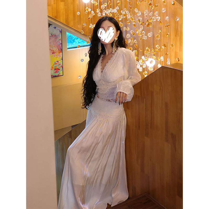 老钱风设计感白色V领长袖蕾丝上衣衬衫女2025新款拼接半身裙套装|undefined