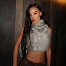 Q25TP274欧美女装秋季新款纯色修身无袖露脐毛背心拉链套头短上衣