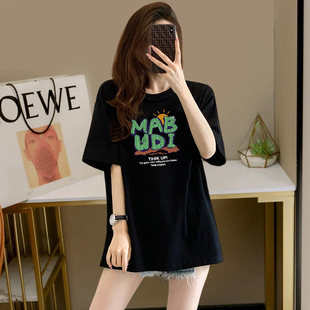 European Pure Cotton Letter Printed Short-Sleeved T-Shirt 2025 Summer New Loose Slimming Look Black Mid-Length Large Size Women's Clothing