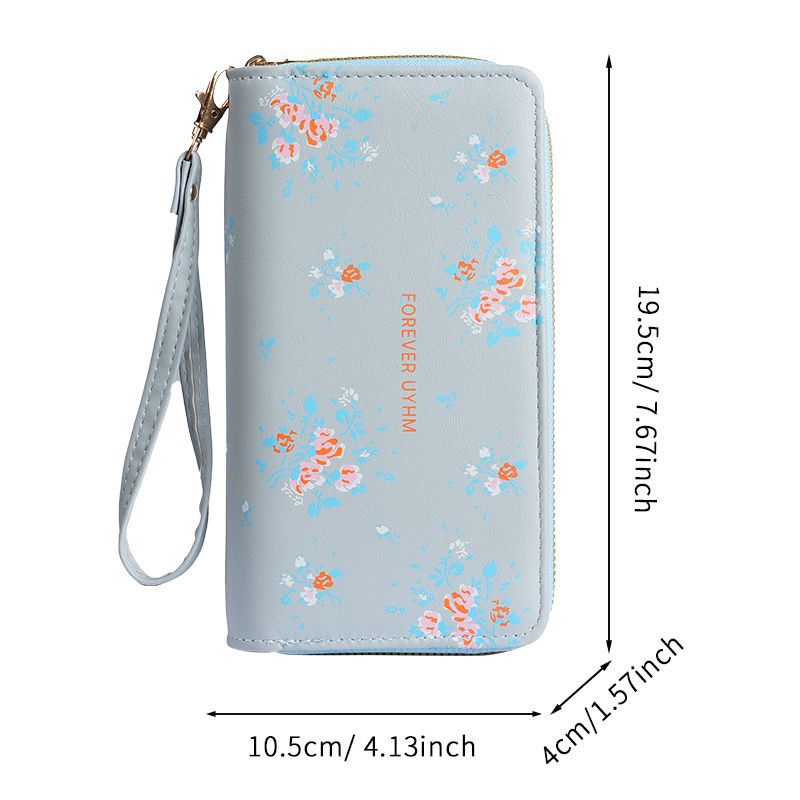 Nuevo estilo de mujer larga doble cremallera estilo coreano estudiantes flores de gran capacidad bolso de teléfono móvil bolso de mano bolso de cambio suave