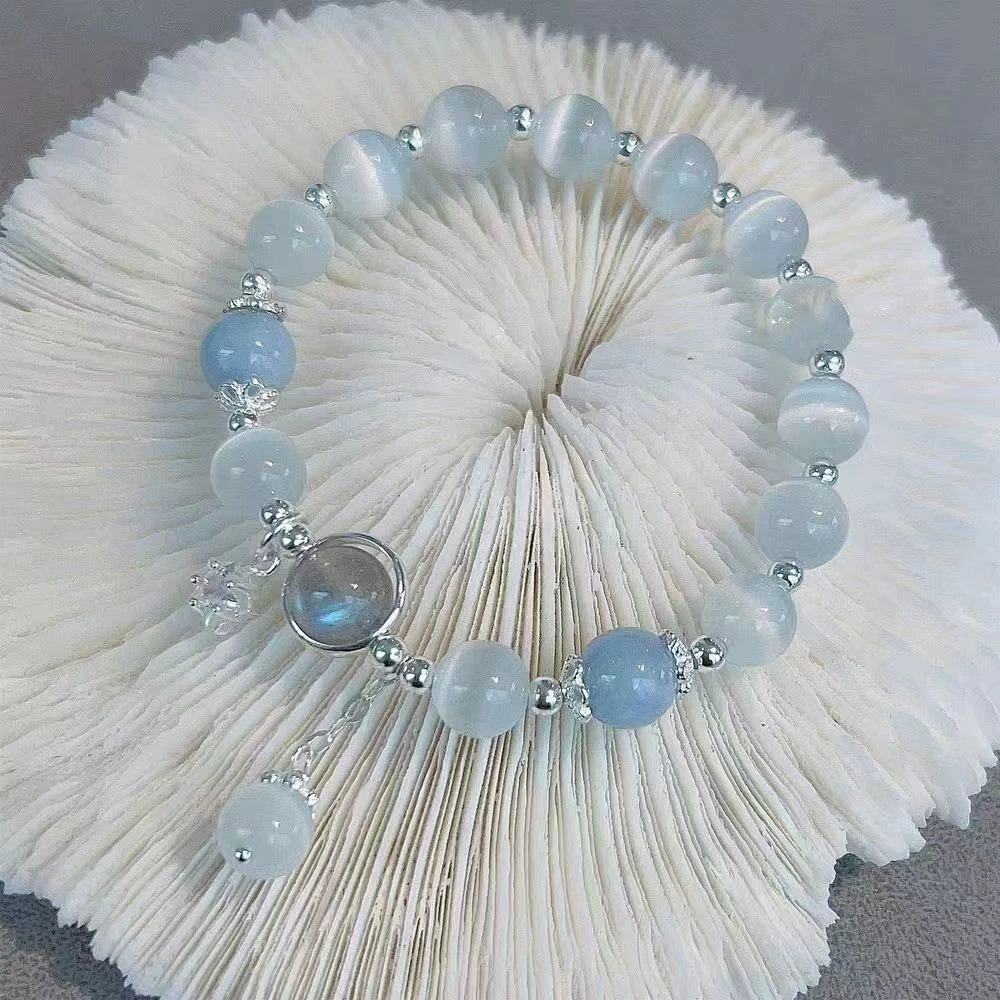 Браслет Sapphire, натуральный кошачий глаз с кристальным шармом, простой элегантный дизайн