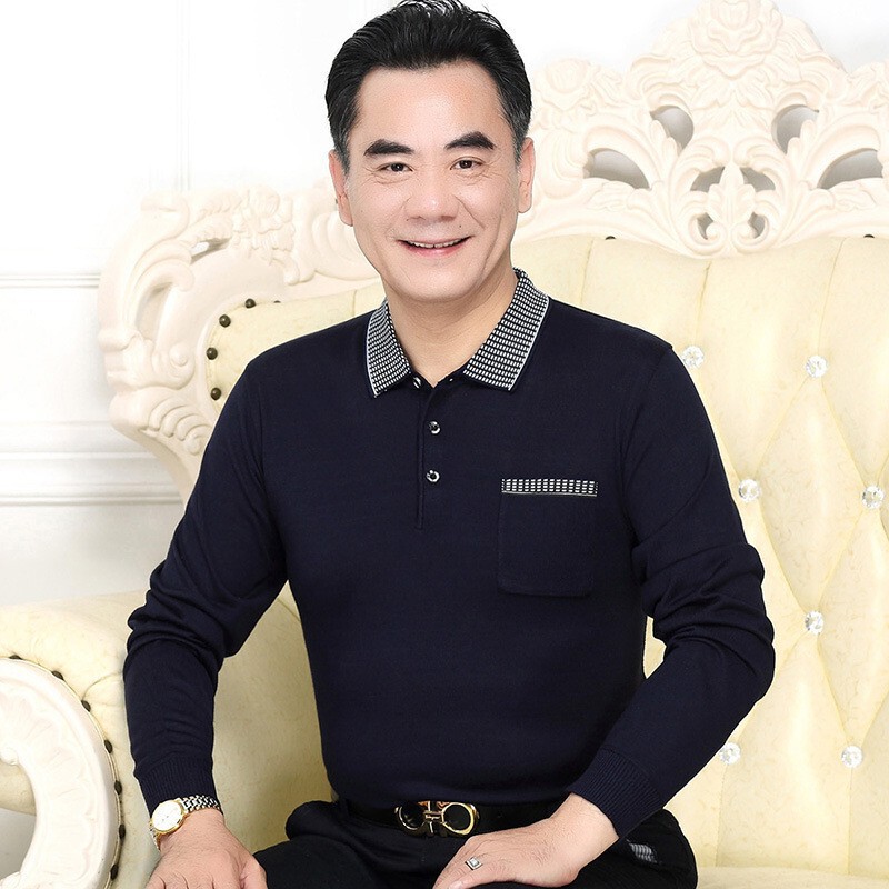 New Style Long-Sleeve T-Shirt for Middle-Aged and Elderly Men, Men's Knitted Polo Shirt, Thin Base Layer T-Shirt, Dad's Striped Shirt