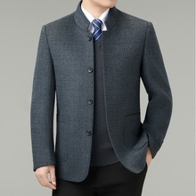 品牌男士双面羊毛大衣秋冬商务休闲立领中年爸爸时尚格子毛呢外套