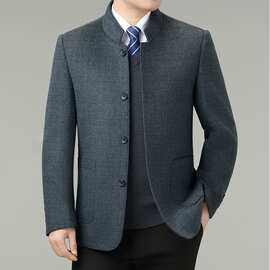 品牌男士双面羊毛大衣秋冬商务休闲立领中年爸爸时尚格子毛呢外套