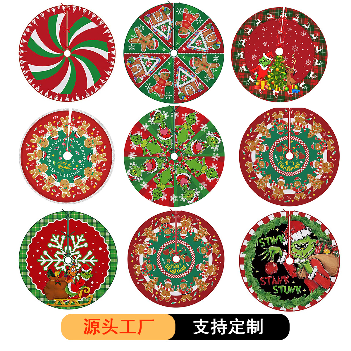 Nuevo árbol de Navidad falda verde piel extraño partido copo de nieve Grinch impreso franela árbol de Navidad diseño inferior piso mat