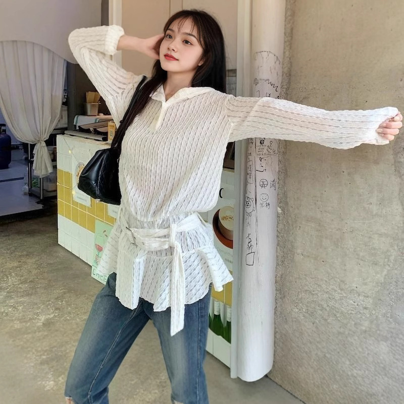 Korean Style Sweet Hooded Collar Slim Long-Sleeved T-Shirt Autum New Sweet and Cool Sexy White Cut Out Long Top Korean Style Sweet Hooded Collar Slim Long-Sleeved T-Shirt Autum New Sweet and Cool Sexy White Cut Out Long Top