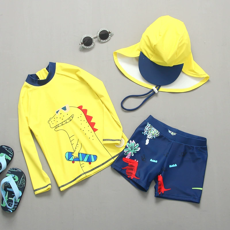 Children's beach swimwear, overall for boys, sun protection cream, split long-sleeve, dinosaur, set, South Korea