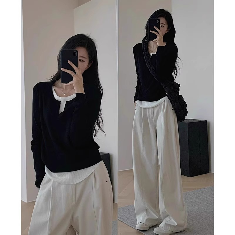 Chic Irregular Hem Top Women's Spring and Autumn Interior Fake Two-piece Stitching Long-sleeved T-shirt Slim-fit Base Shirt Chic Irregular Hem Top Women's Spring and Autumn Interior Fake Two-piece Stitching Long-sleeved T-shirt Slim-fit Base Shirt