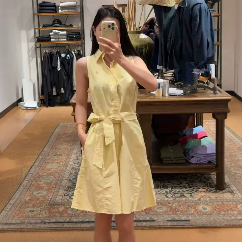 Scanable Qr Code Rl Ralph Lauren Embroidered Logo American-Style Shirt with Waist Tie, Sleeveless Polo Collar Dress, New Style with Tie