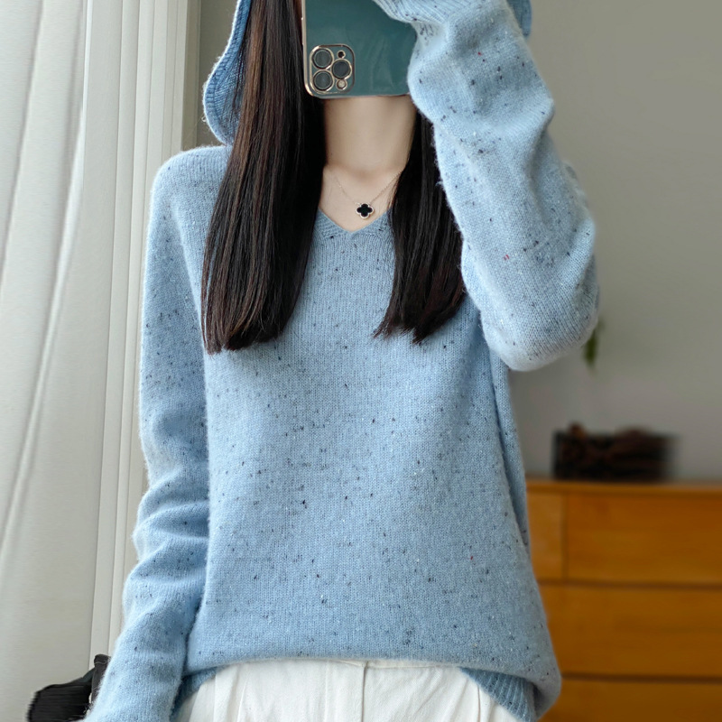 Star Yarn 100 Pure Wool Hooded Hoodie First-Line Garment Inner Wearing Outer Wearing Women's V-Neck Base Cashmere Sweater New Arrival