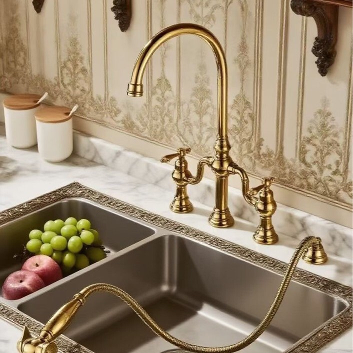 All-Copper French Retro Bridge-Style Kitchen Hot and Cold Faucet, Rotatable Three-Hole Cross-Border Dual-Handle with Spray Gun, American Style