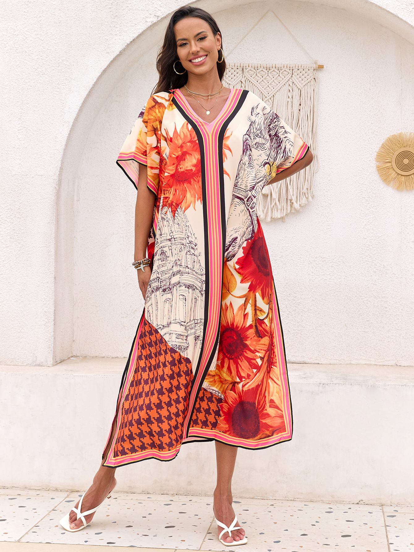 Nuevo vestido de tamaño grande europeo y americano de playa camiseta de vacaciones camiseta protector solar camiseta de baño camiseta 1D241