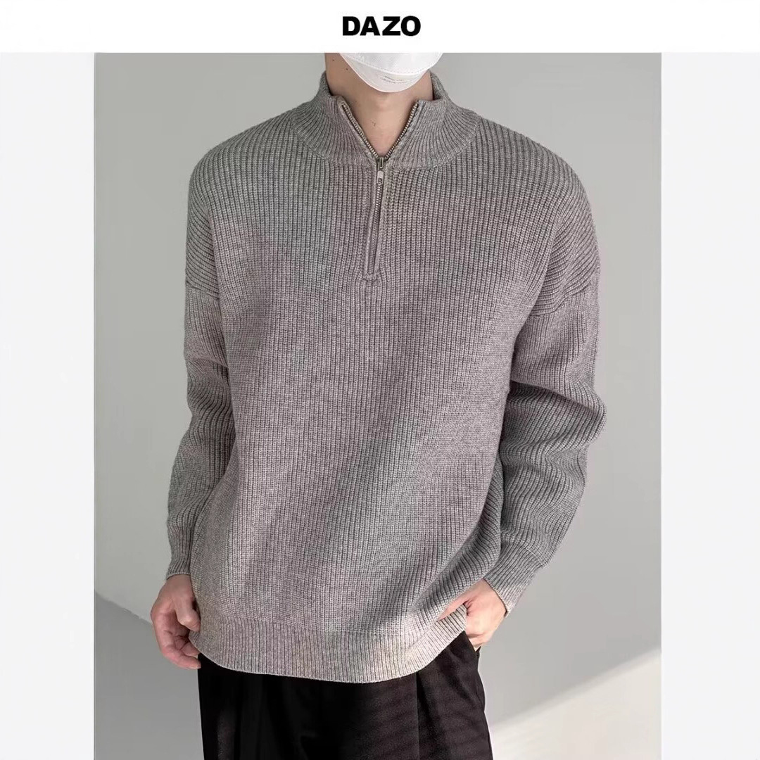 Suéter masculino de malha com meio zíper – Pulôver estiloso com tecido respirável e resistente a manchas (cinza/preto/azul/cáqui, tamanhos M-3XL)_voghion.com