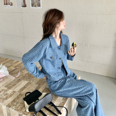 青い小香風カウボーイスーツ女性2025春の新型流行洋風シャツコートのワイドパンツ2点セット