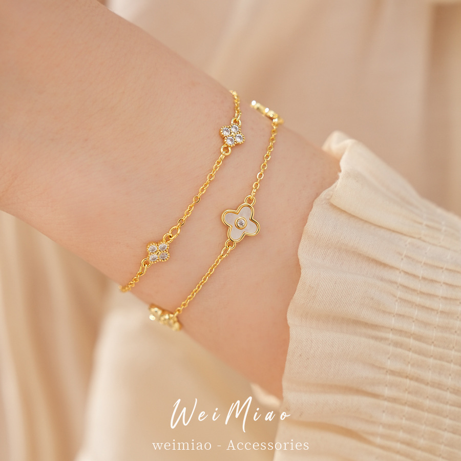 14 quilates de oro verdadero electronite marita fritaella de hierba afortunada flor pulsera de doble capa ligera pulsera de nicho joyería diaria