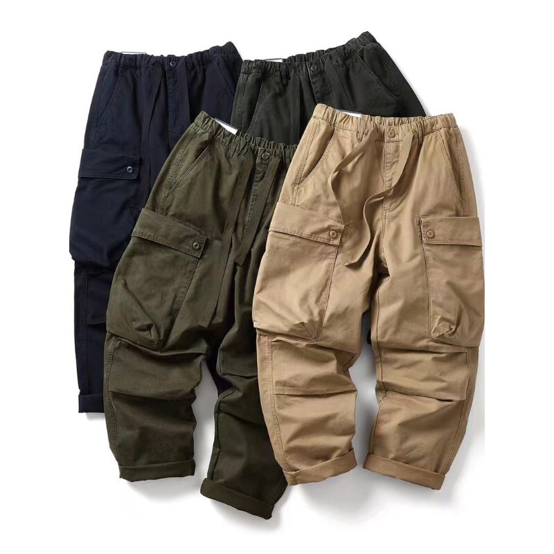 Japanese-style heavy-duty washed twill pure cotton distressed functional workwear trendy multi-pocket loose straight casual pants
