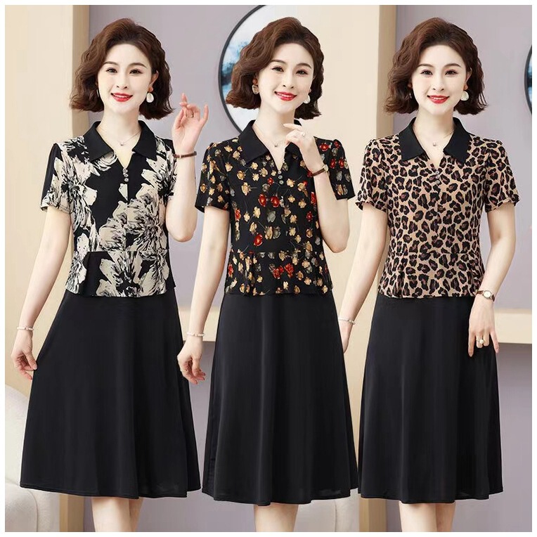Ethnic Modified Two-Piece Cheongsam Skirt Short-Sleeved plus size Women's dress Fashionable Belly Middle-Aged Reduced Mother Show