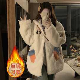 两面穿连帽羊羔毛冬季外套加绒加厚新款棉服女款超厚羊羔绒亚马逊