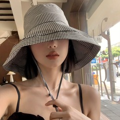 千鳥格漁師帽女性夏韓国版uv紫外線防止日除け日焼け止め帽子大きなつばの顔太陽帽子