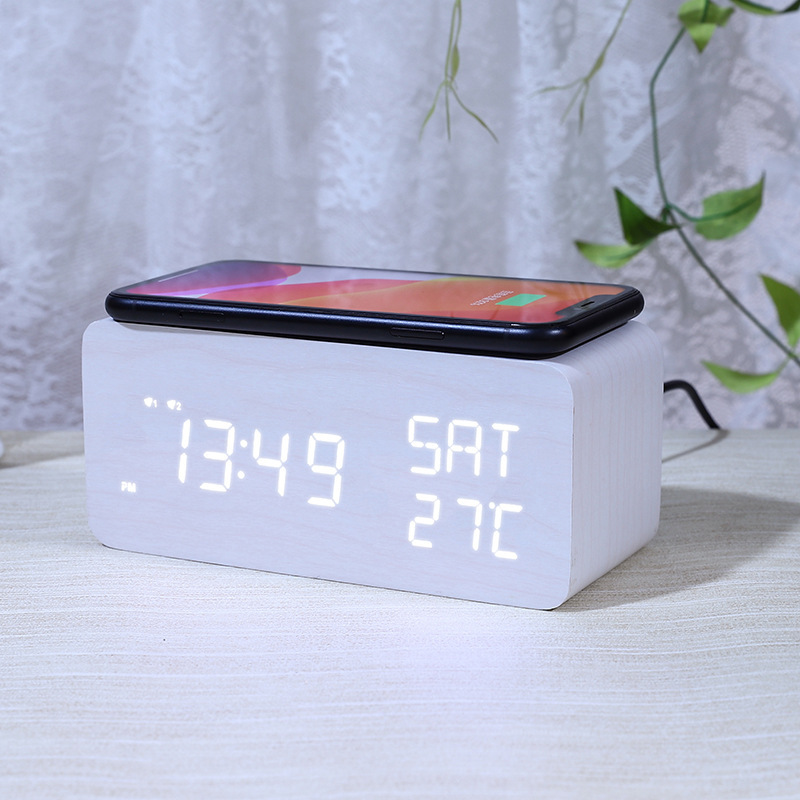 スマート LED 木製ワイヤレス充電目覚まし時計クリエイティブデジタルベッドサイド小型目覚まし時計学生特別な発光木製時計|undefined