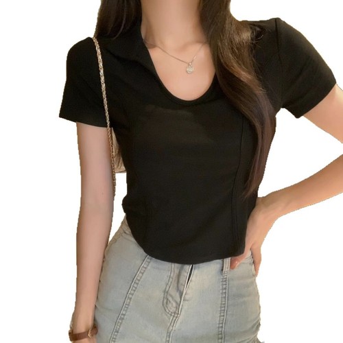 Summer women's short-sleeve T-shirt with a turn-down collar—tight, sweet, spicy, and irresistibly chic; perfect for curvy figures in an American style, designed as a short, figure-flattering layering piece.