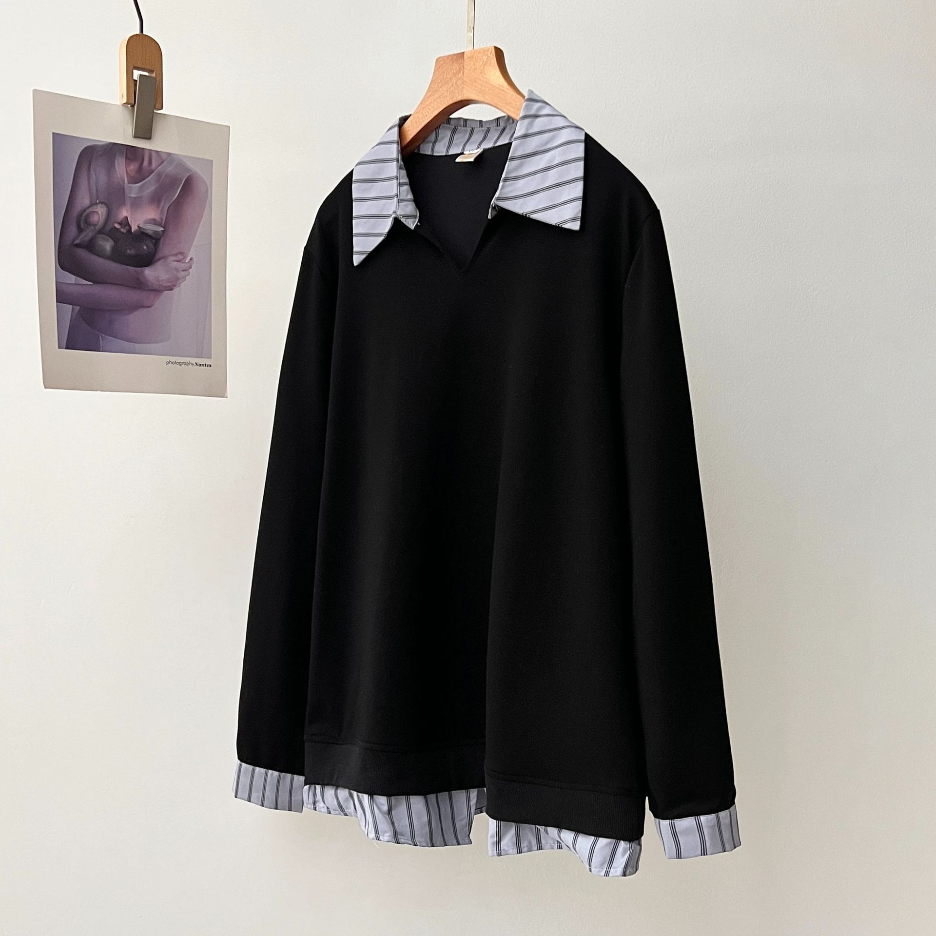 【Special】 100kg New Autumn Fashion Versatile Striped Patchwork Faux Two-Piece Shirt Sweatshirt for Plus-Size Girls 0835