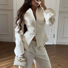 欧美跨境女装2025秋季新款气质深V单排扣修身短款白色小西服外套