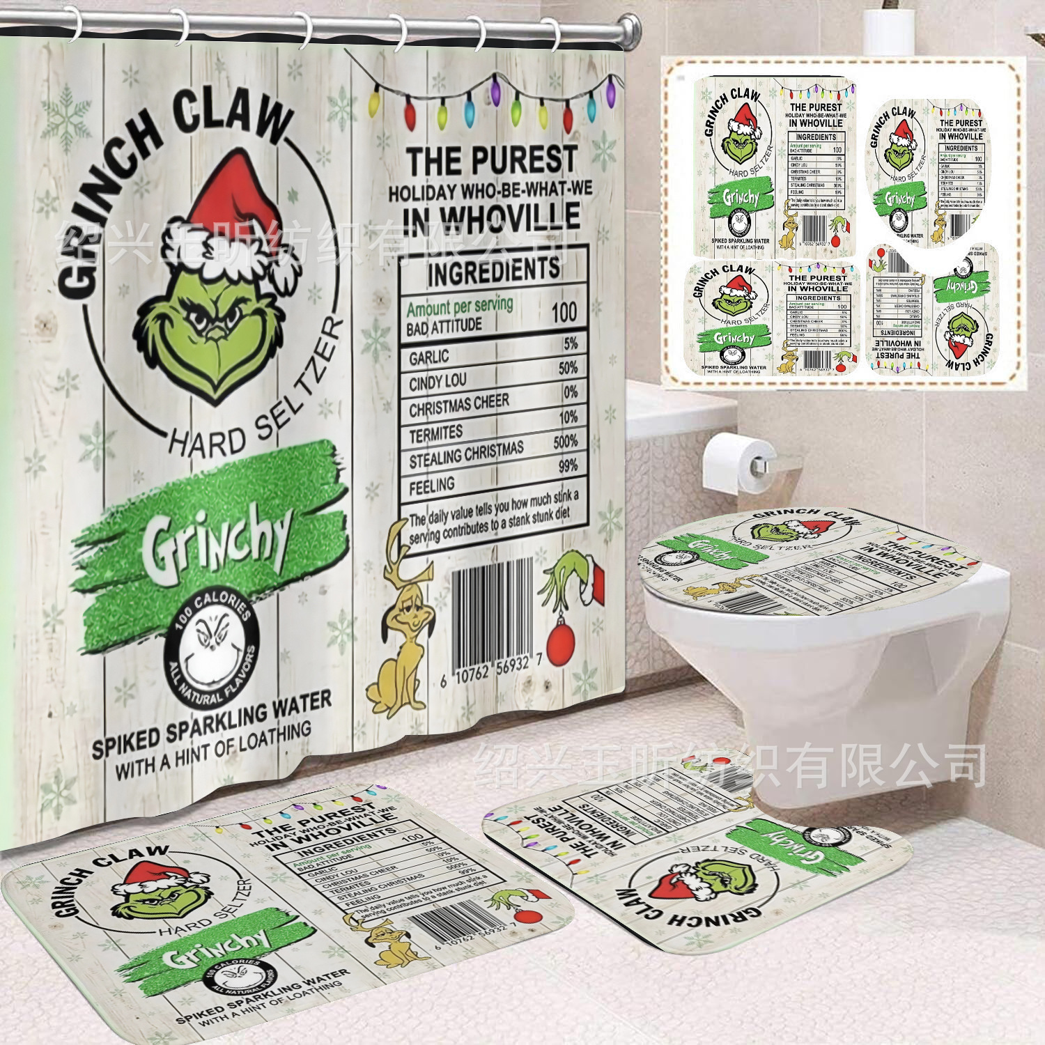 Tela de cortina de ducha transfronteriza, cortina de ducha impermeable, alfombra antideslizante de baño, juego de Grinch 4 de pelo verde al por mayor, sin perforación
