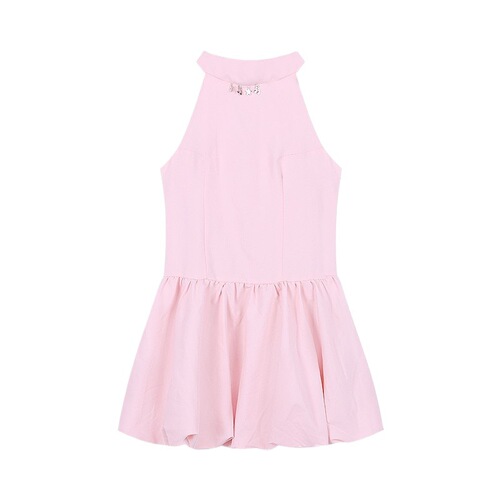 French sweet pink sleeveless V-neck dress for women, summer design, waist-cinching, flattering, fluffy short skirt for petite figures
