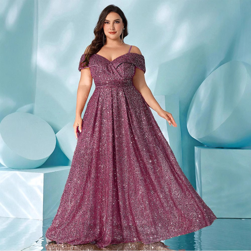 Cross-Border New Large Size Evening Dress European and American Velvet Sequin Suspenders Large Hem Slimming Elegant Long Skirt