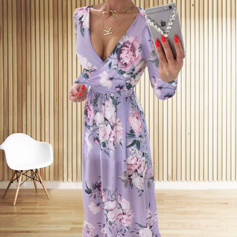 Amazon ebay cross-border 2023 Summer chiffon printed long dress V-neck dress long sleeve split dress dress women Amazon ebay cross-border 2023 Summer chiffon printed long dress V-neck dress long sleeve split dress dress women