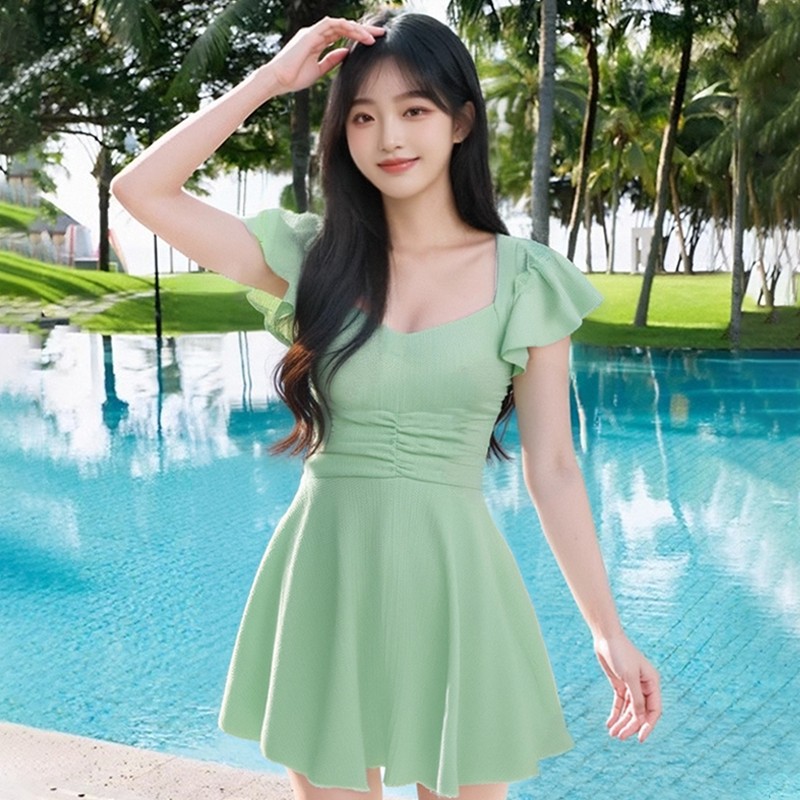 Traje de baño de una pieza para mujer, estilo de falda dulce de color sólido simple de alta gama, delgado conservador, ligeramente gordo, vestido de baño de vacaciones junto al mar