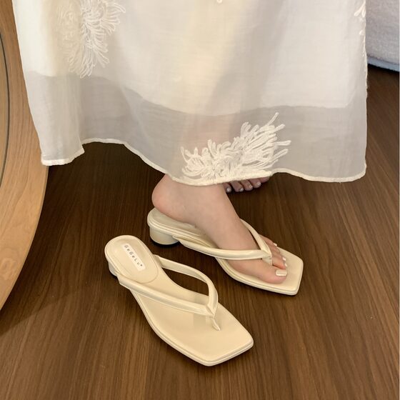 Fly-toed Fairy Style High-heeled Slippers Women's 2024 Summer New Style Fashionable Outer Wear Square Thick-heeled Flip-flops for Women