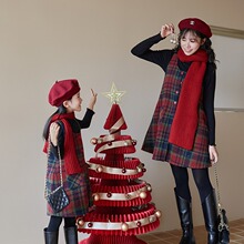 一起玩亲子装母女节日粗呢格子背心裙 女童宝宝圣诞节加绒背心裙