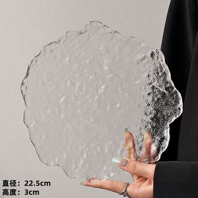 Plato de vidrio irregular glaciar japonés plato de refrigerio casero plato de frutas bandeja de postre circular cubiertos
