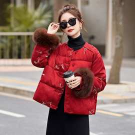 新中式国风羽绒服2025新款女短款红色毛领盘扣复古高级感保暖外套