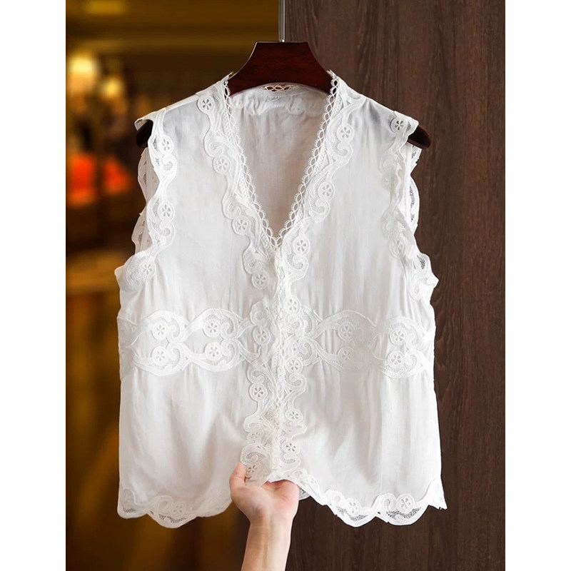 French lace patchwork V-neck sleeveless white shirt for women, featuring a stylish summer design with ruffled trim, a beautiful open-front shirt French lace patchwork V-neck sleeveless white shirt for women, featuring a stylish summer design with ruffled trim, a beautiful open-front shirt