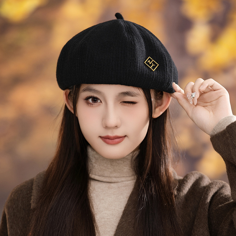 字母刺绣毛呢复古洋气南瓜帽女冬季斜纹保暖贝雷帽气质潮搭画家帽|undefined
