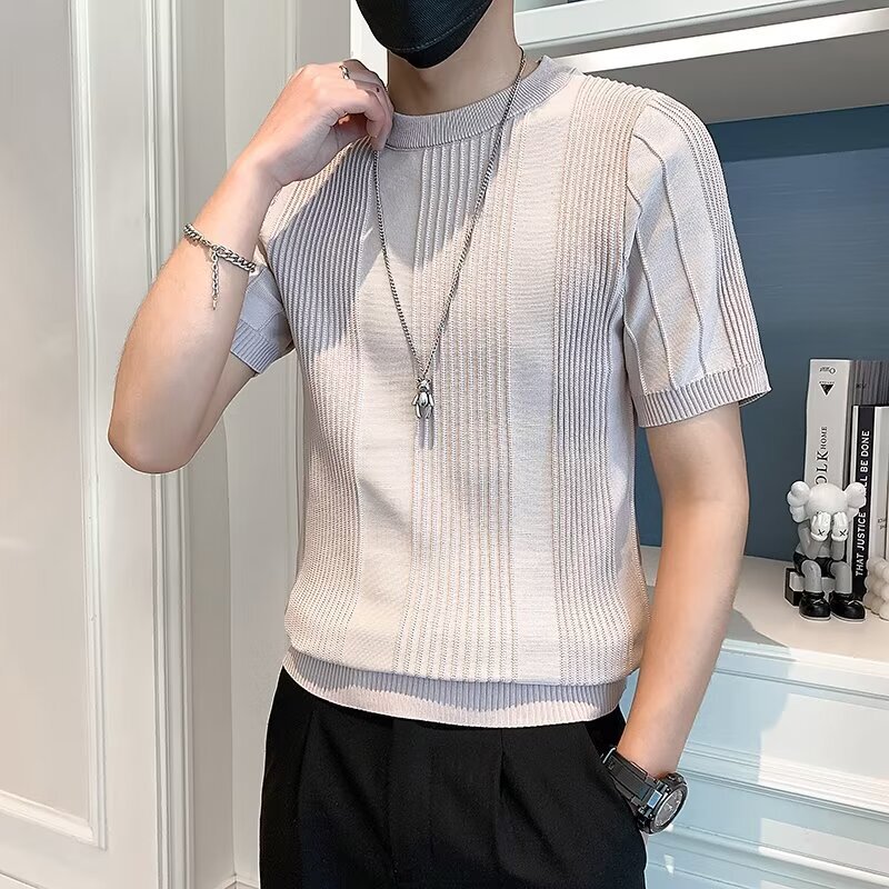 Casual Summer Ice Silk T-Shirt Men's Light Mature Business Short-sleeved Buff Handsome Solid Color All-match Hong Kong-style Striped Half-sleeved Top