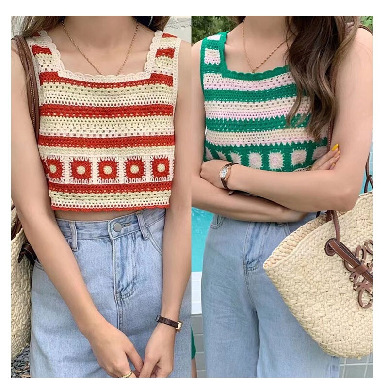 Women's Bohemian Hollow Knit Camisole Short Fringed Knit Tank Top Ethnic Style Top