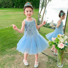 女の子の夏のスパンコールエルサドレスサマードレス女の子メッシュスカートノースリーブアナと雪の女王のドレスガーゼスカート
