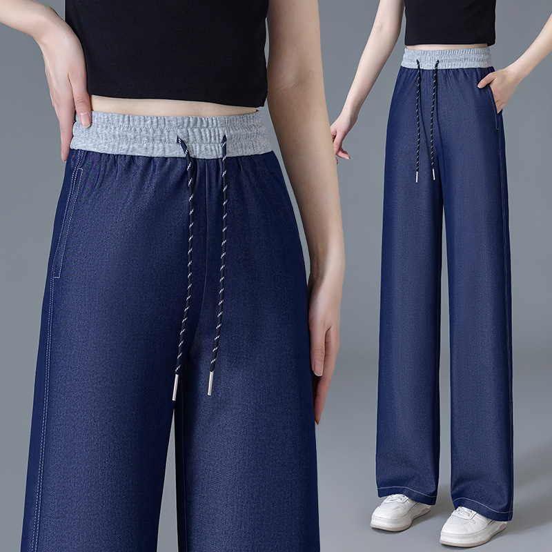 Tencel Jeans Women's Summer Thin Mom Pants Straight Ice Silk Wide Leg Pants Summer New Middle-aged Women's Pants