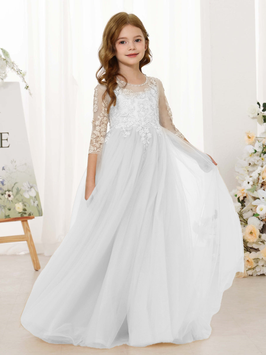 Transfronterizos Amazon ropa infantil vestido de niña flor vestido de novia encaje cuello redondo mangas largas vestido de acero blanco