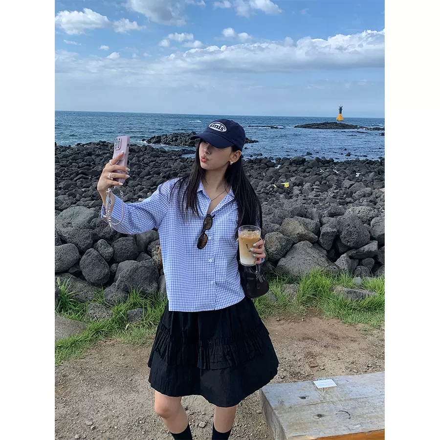 广州黄峥法式复古蓝色格子条纹POLO领防晒衬衫宽松休闲衬衣530719