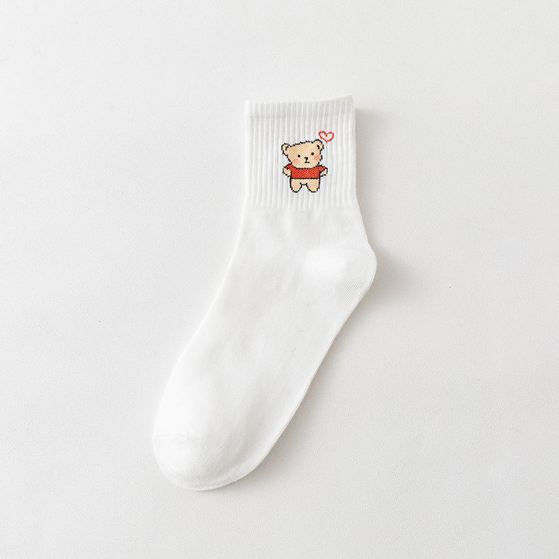 Calcetines de mujer de otoño e invierno a media pantorrilla estudiante de dibujos animados blanco oso letras del arco iris encantadora cara sonriente a rayas deportes estilo coreano calcetines de mujer