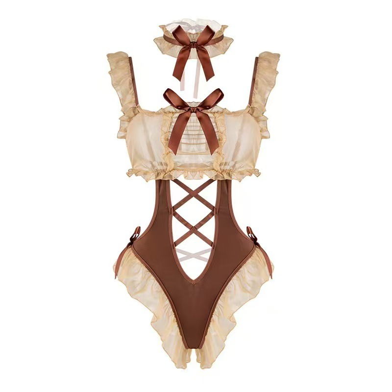 Lace One-Piece Maid Costume with Stockings and Ear Accessory, Polyester Role-Play Set — detail image 6