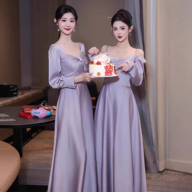 Purple Satin Bridesmaid Dress 2026 Spring and Autumn New Long-Sleeve Host Student Performance Sister Group Dress